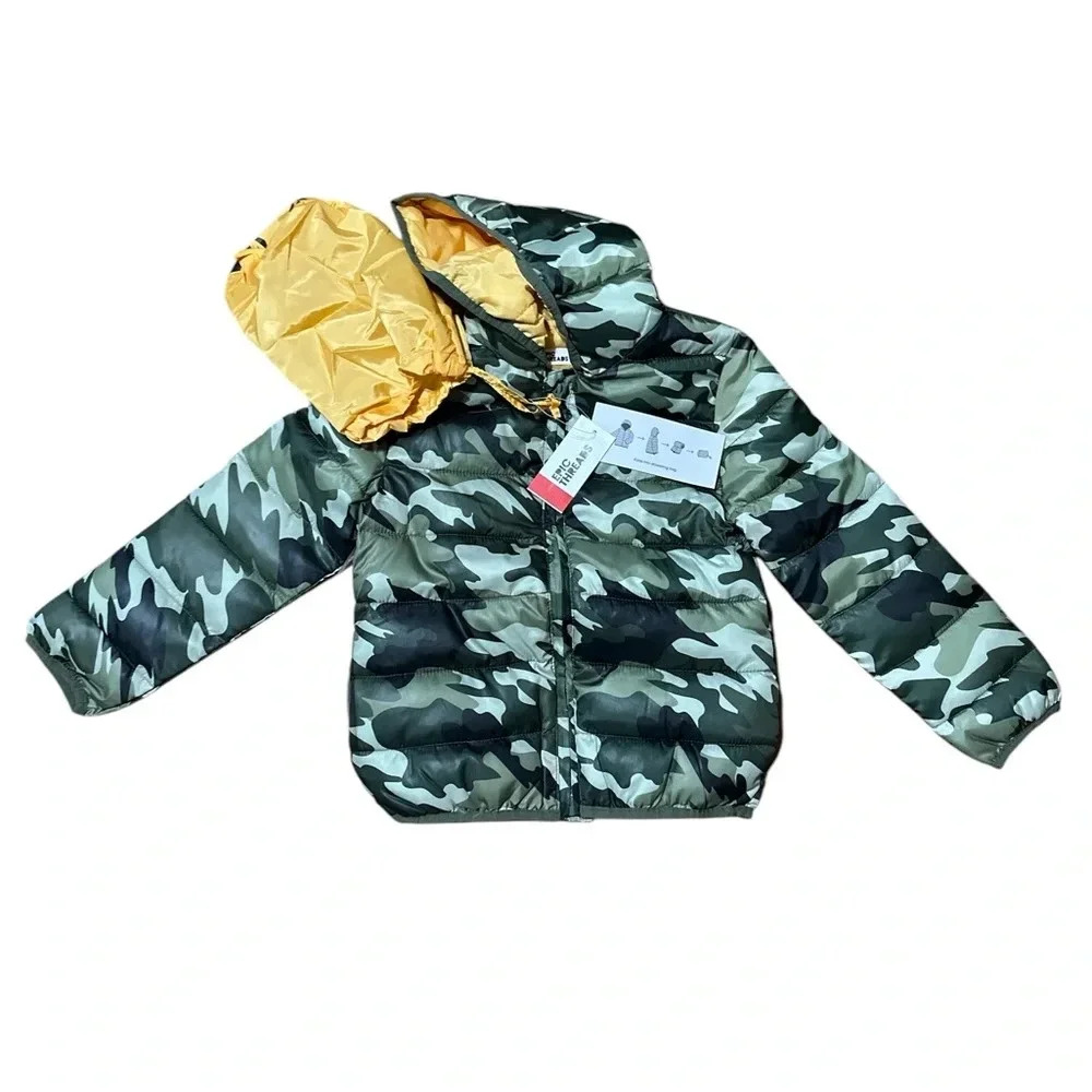 Camouflage Puffer Jacket with Yellow Bag